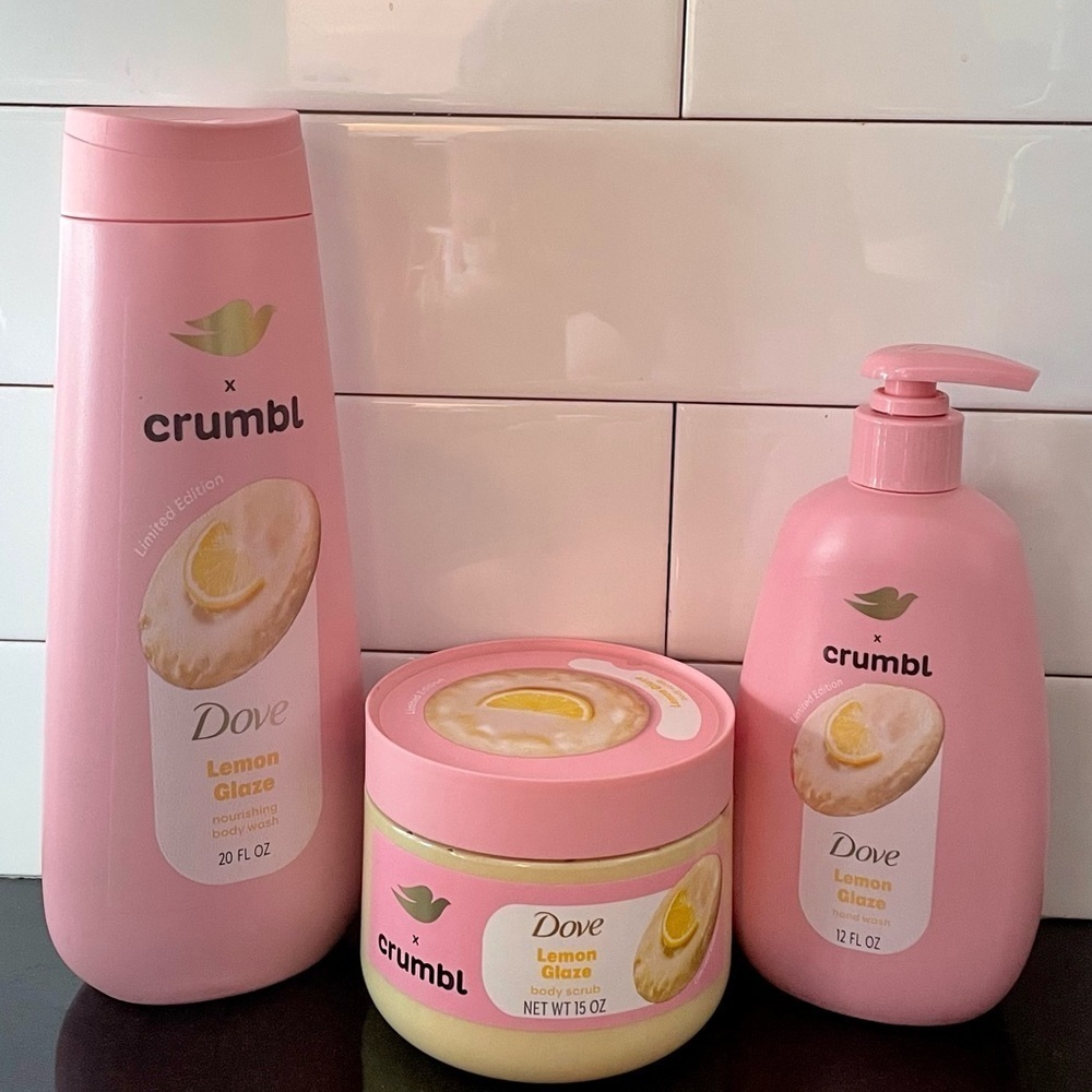 New! Bundle of 3 Dove x Crumbl Lemon Glaze Bath & Body Set soap wash scrub